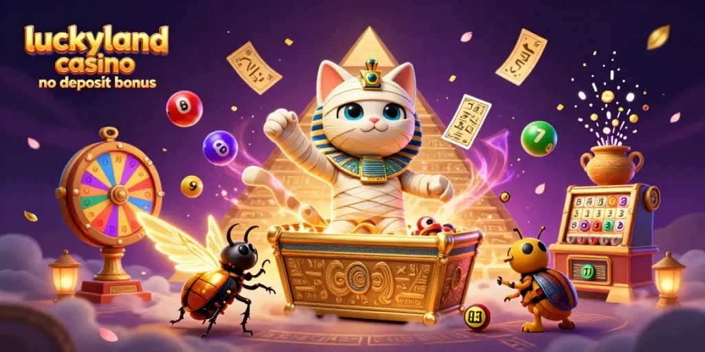 Claim your luckyland casino no deposit bonus with vibrant casino graphics and colorful game elements.