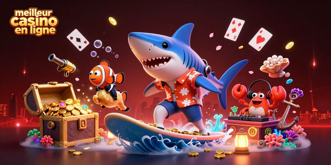 Illustration dynamique des personnages marins pour le meilleur casino en ligne, surfant sur des pièces d'or.
