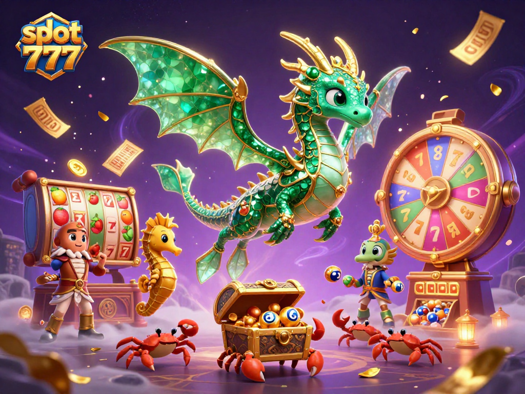 Experience slot 777 excitement with a vibrant 3D cartoon scene filled with dragons and jackpots.