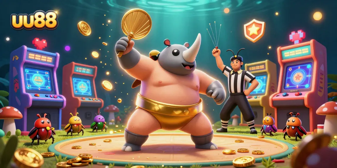 Experience the excitement at uu88 with a vibrant casino scene featuring beetle characters and dynamic game elements.