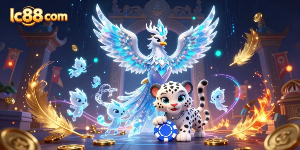 Experience thrilling gaming at lc88 com with a vibrant 3D illustration of an ice phoenix and lucky charm.