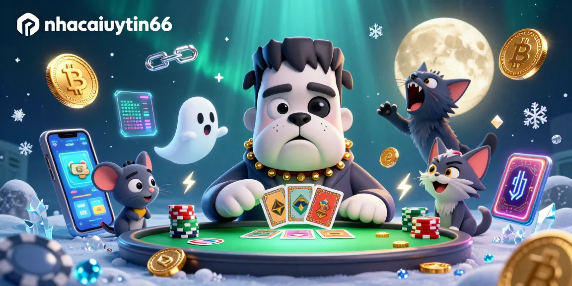 Experience the thrill of gaming at nhacaiuytin66 with a dynamic 3D casino scene featuring unique characters and crypto elements.