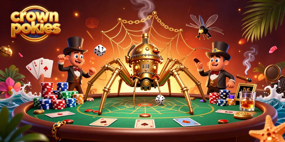 Catching winning spins with crown pokies at an animated casino scene featuring a golden spider.