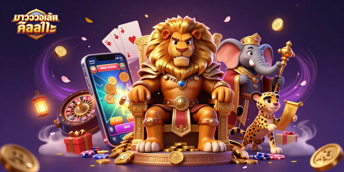 Play exciting baccarat with "บาคาร่าวอเลท คืออะไร," featuring a lion king and casino elements.