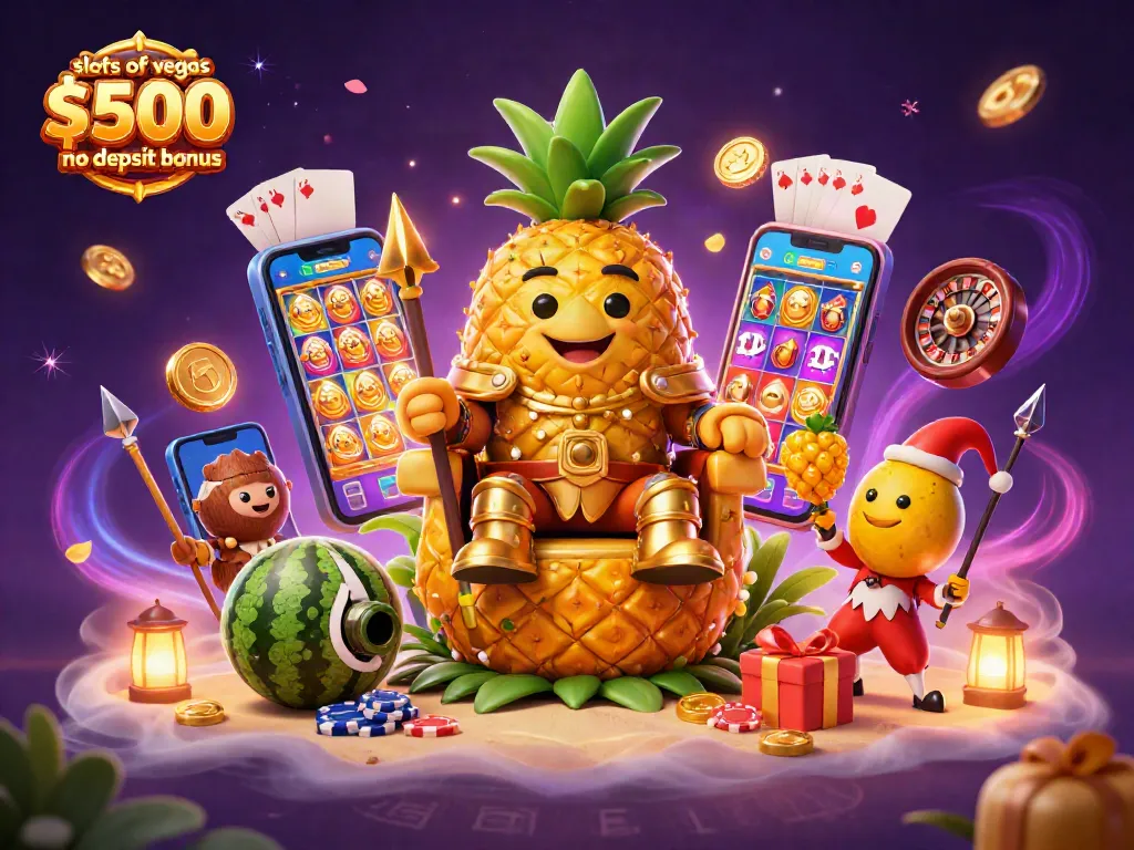 Engage with the slots of vegas $500 no deposit bonus featuring a golden pineapple king and dynamic casino elements.