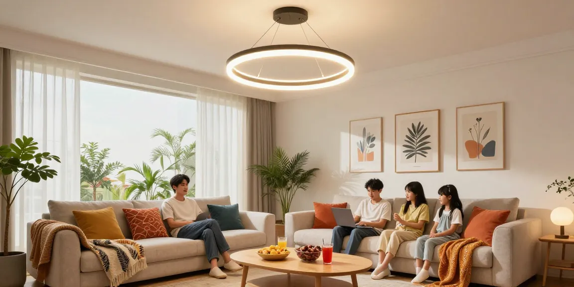 Lustra living elegantă suspendată într-un living modern, cu atmosferă caldă și confortabilă.