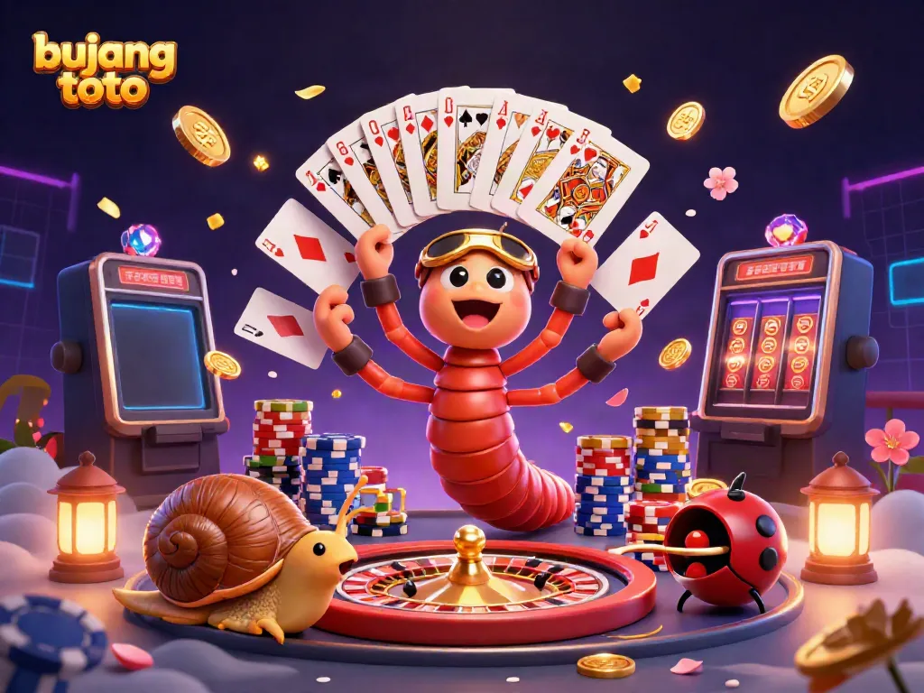 Experience the fun of bujang toto with a millipede dealer showcasing playing cards in a vibrant casino scene.
