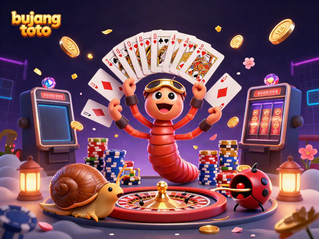 Experience the fun of bujang toto with a millipede dealer showcasing playing cards in a vibrant casino scene.