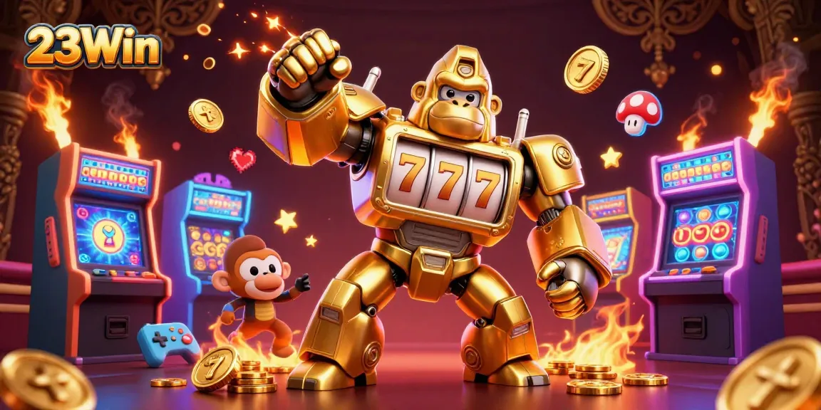 Experience big wins with 23Win's vibrant casino atmosphere featuring a golden gorilla mech.