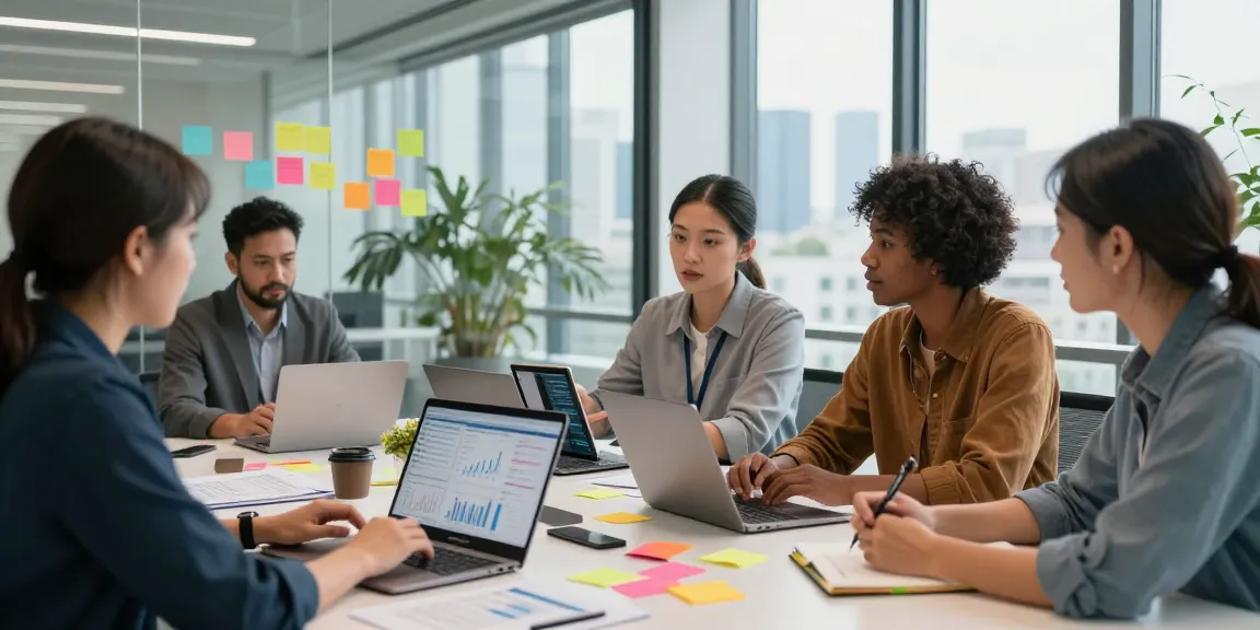 Team strategizing digital marketing campaigns using 456bd insights in a modern office environment, promoting collaboration and analytics.