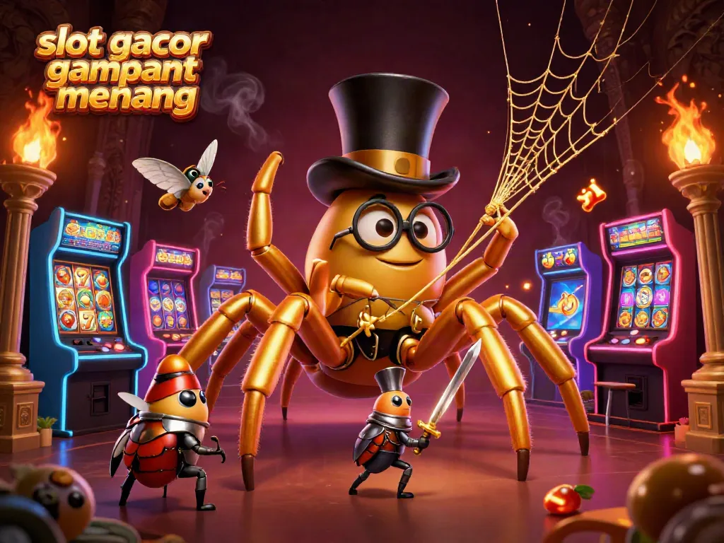 Exciting scene of a giant golden tarantula weaving a lucky web, capturing the thrill of slot gacor gampang menang.