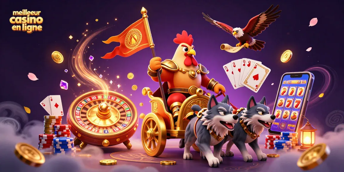 Illustration dynamique de la scène de casino montrant le meilleur casino en ligne avec un coq seigneur guerrier.