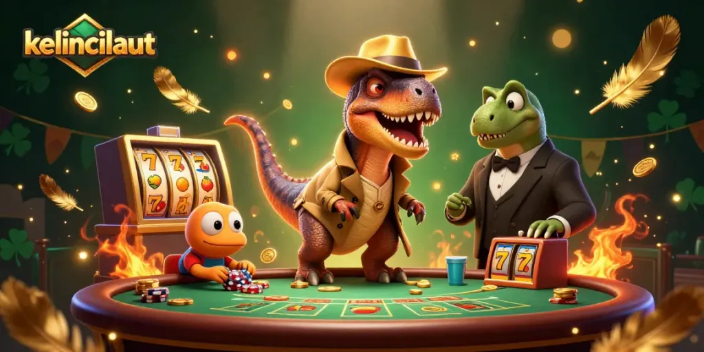 Engage with kelincilaut while the velociraptor card counter conspires at the blackjack table, vibrant and detailed.