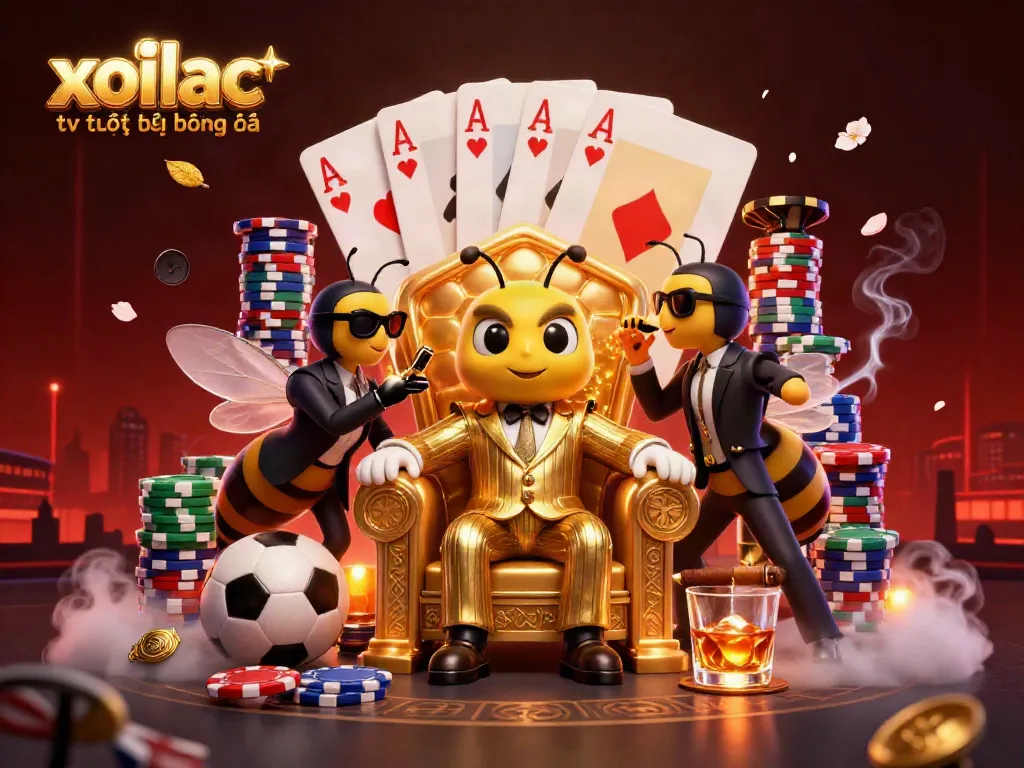 Xoilac tv trực tiếp bóng đá scene depicting a bumblebee mob boss with sports elements.