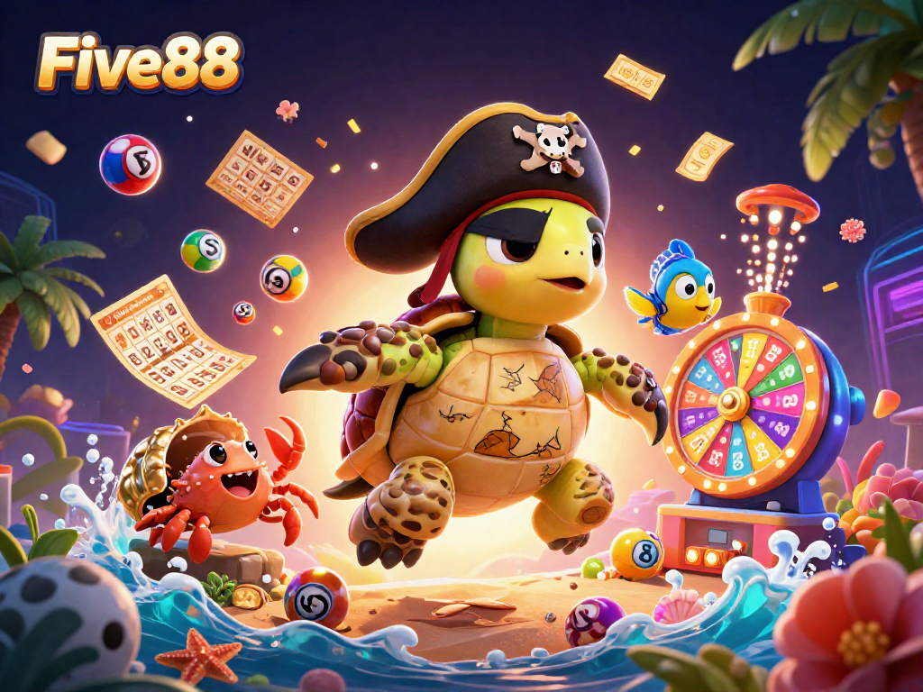 Experience the vibrant gaming adventure of Five88 with a cartoon pirate turtle amidst dynamic lottery elements.