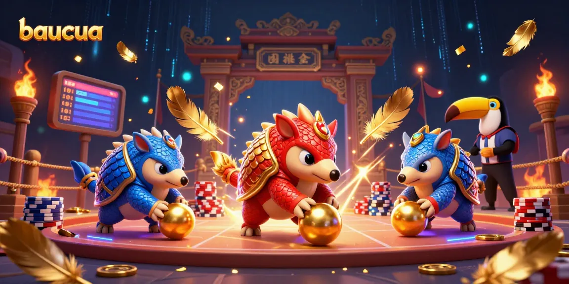Baucua pangolins rolling golden balls and poker chips in a vibrant online casino scene.