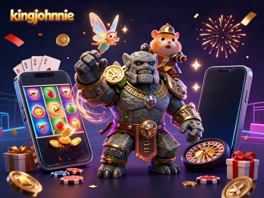 Experience the magic of kingjohnnie with an enchanting scene featuring gaming characters and vibrant slot games.