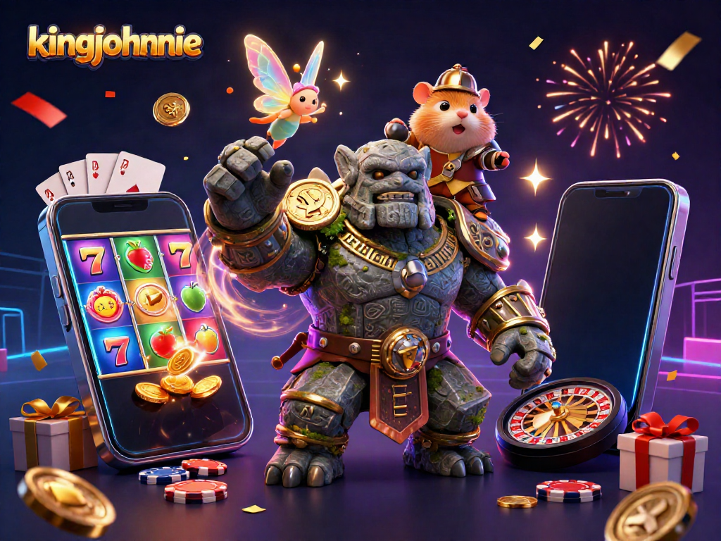 Experience the magic of kingjohnnie with an enchanting scene featuring gaming characters and vibrant slot games.