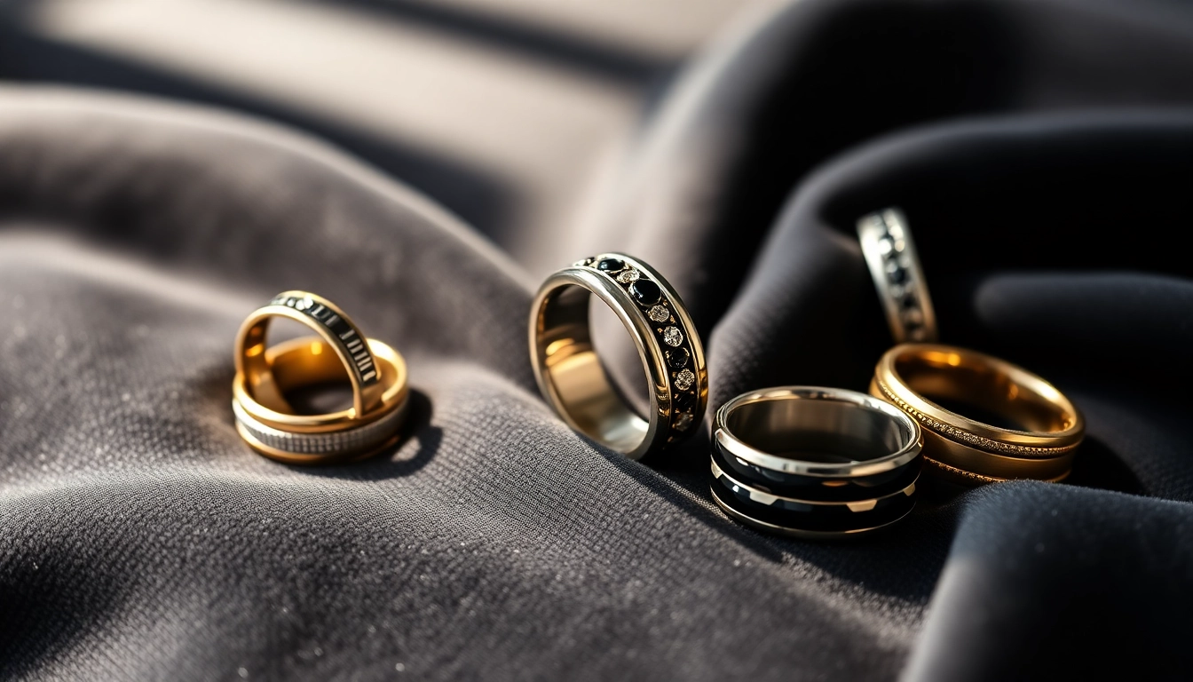 Showcasing unique wedding bands for men, highlighting intricate designs and luxurious materials.