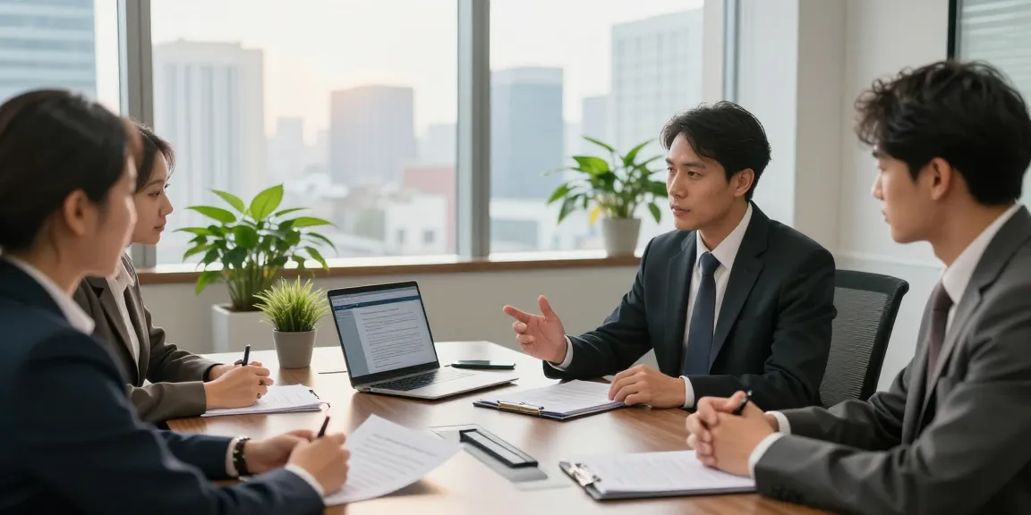 Look at these guys discussing legal matters in a modern law firm setting.
