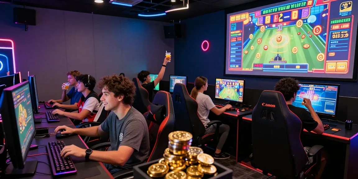 Excited players engaging in slot mpo gameplay in a vibrant gaming lounge with colorful lighting.
