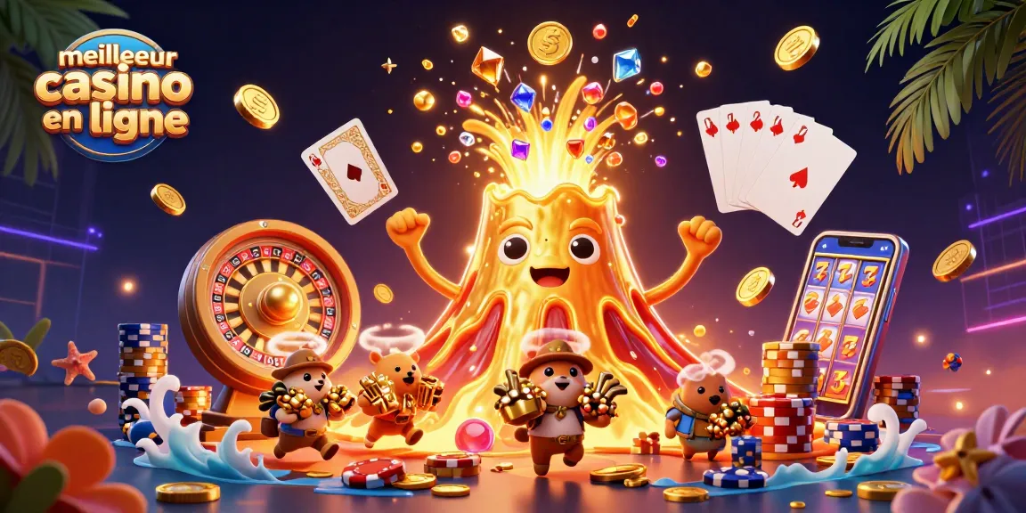 Jouez au meilleur casino en ligne avec des trésors de jeux et de gains, illustration dynamique et festive.