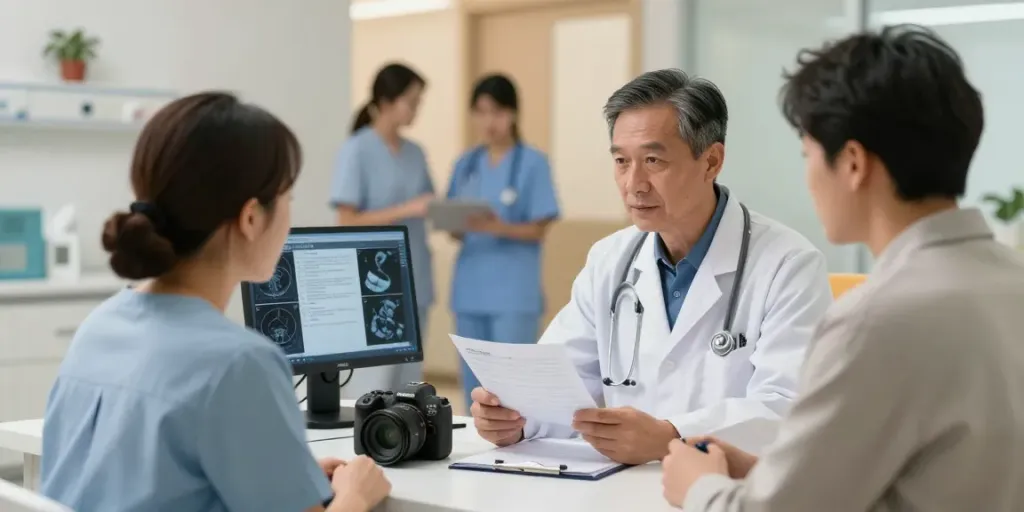 Professional consultation discussing esophageal and stomach cancer care in a modern hospital.