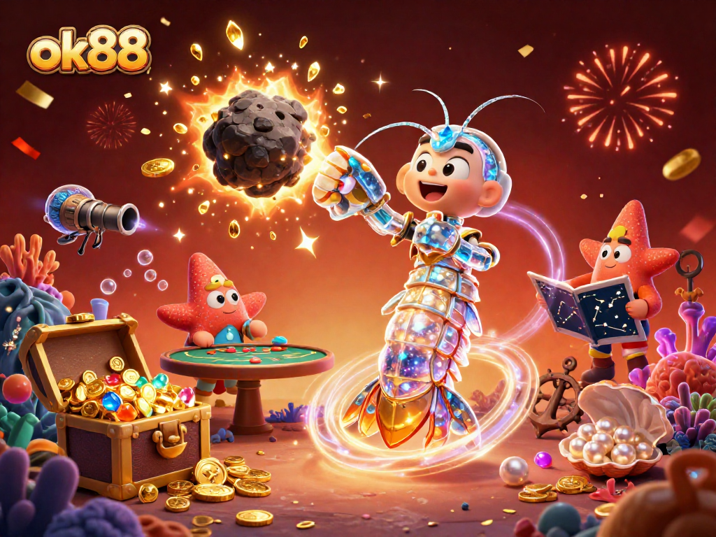 Engage with the thrilling world of ok88 as a mantis shrimp battles through treasure-filled asteroids in an underwater casino.