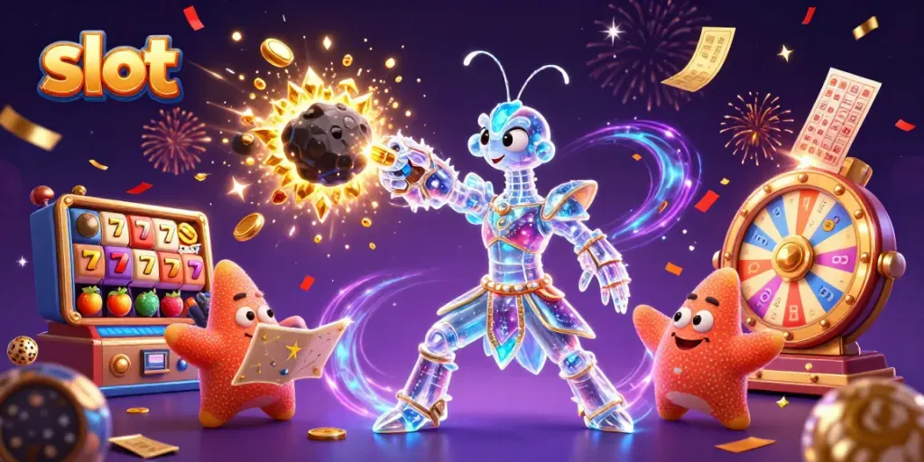 Slot jackpot berkilau dengan mantis udang karang galaksi dan simbol slot yang bersinar