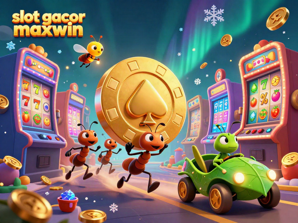 Engaging scene of the slot gacor maxwin heist featuring cartoon ants, poker chip, and vibrant slot elements.