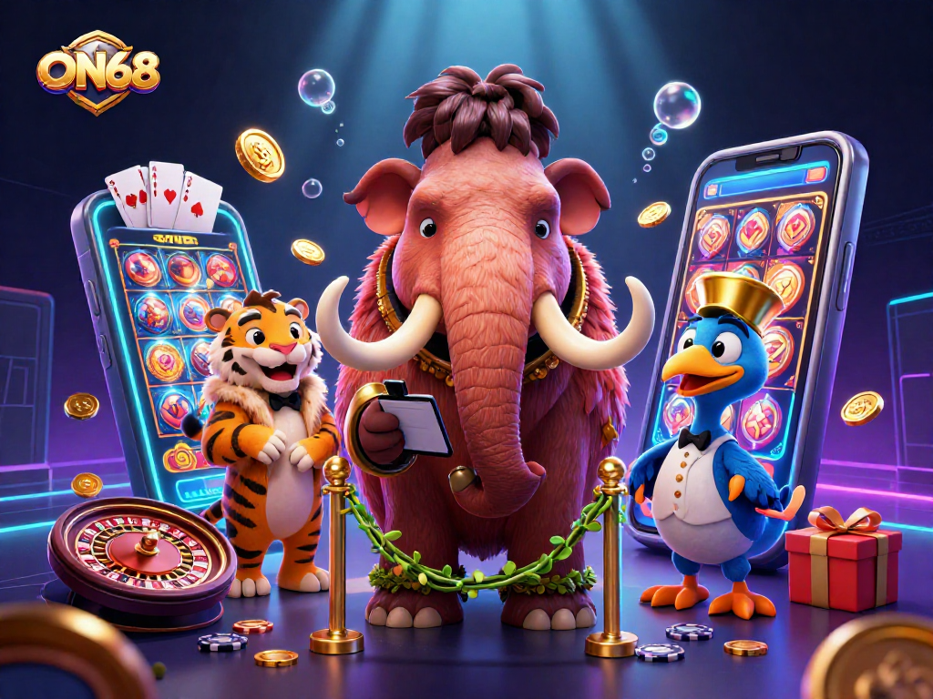 Experience the excitement of ON68 with a vibrant casino scene featuring a bouncer and a VIP guest in a dynamic setting.