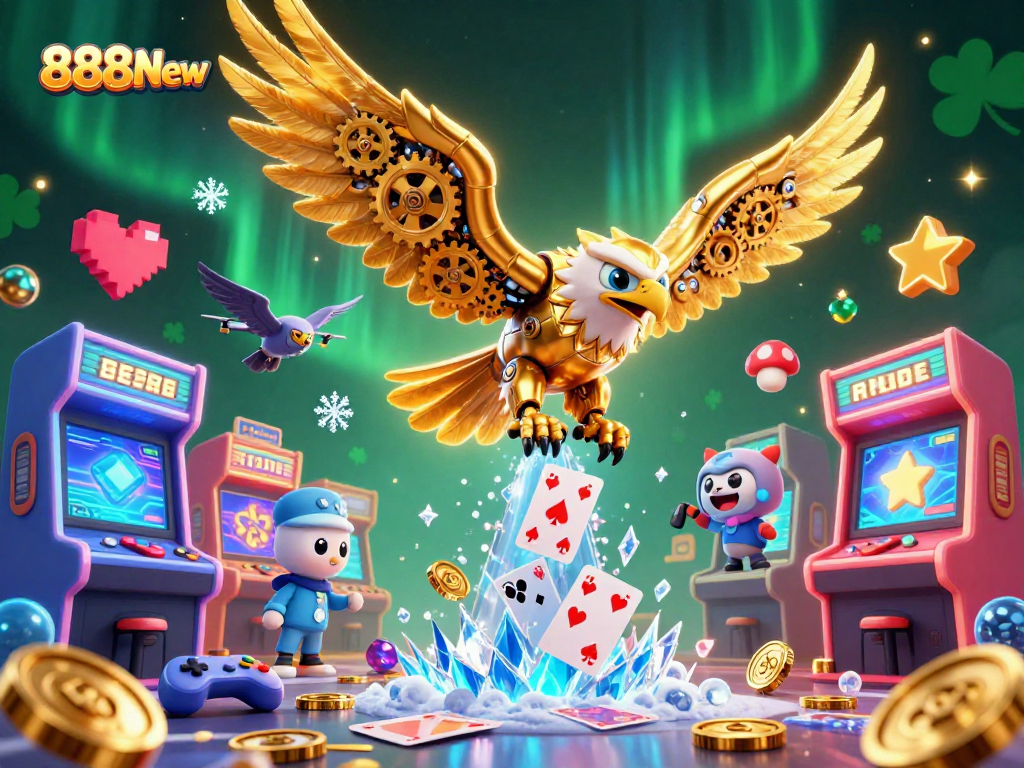 Experience dynamic gaming at 888New with an engaging golden eagle diving through holographic cards.