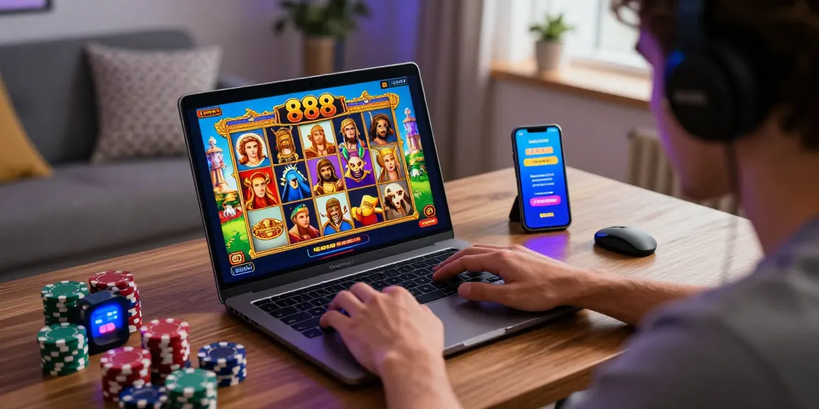 Player immersed in an exciting 888 slot game online, showcasing vibrant Greek mythology graphics in a cozy atmosphere.