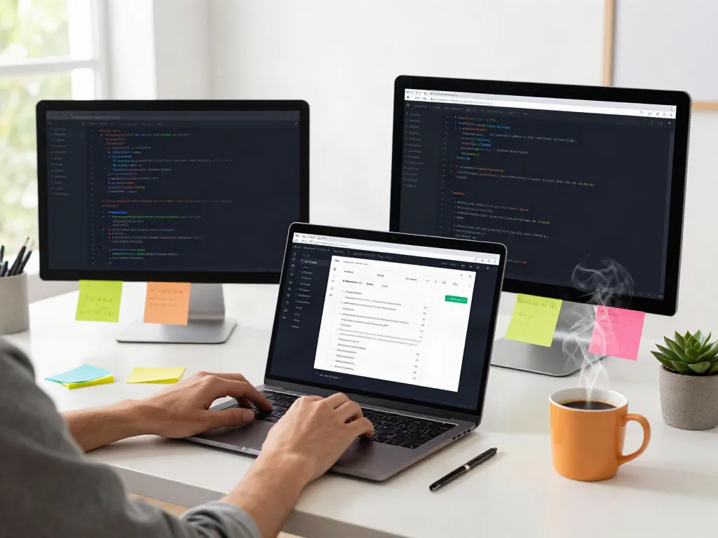 brave浏览器 displayed on dual monitors in a vibrant workspace with coding and design elements