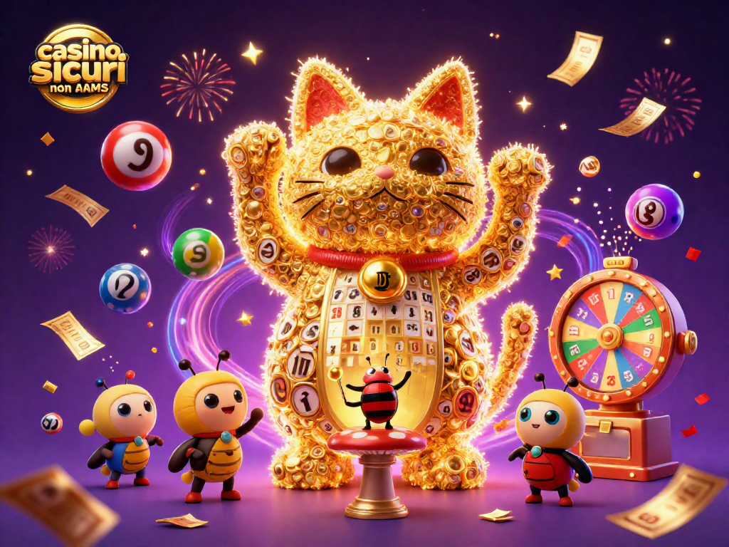 Scopri i casino sicuri non AAMS protagonisti in una festosa celebrazione virtuale con simboli del gioco d'azzardo.