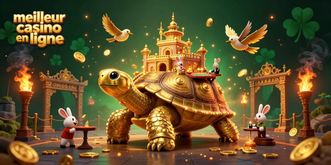 Accédez à des jeux au meilleur casino en ligne avec une tortue dorée et un croupier lapin.