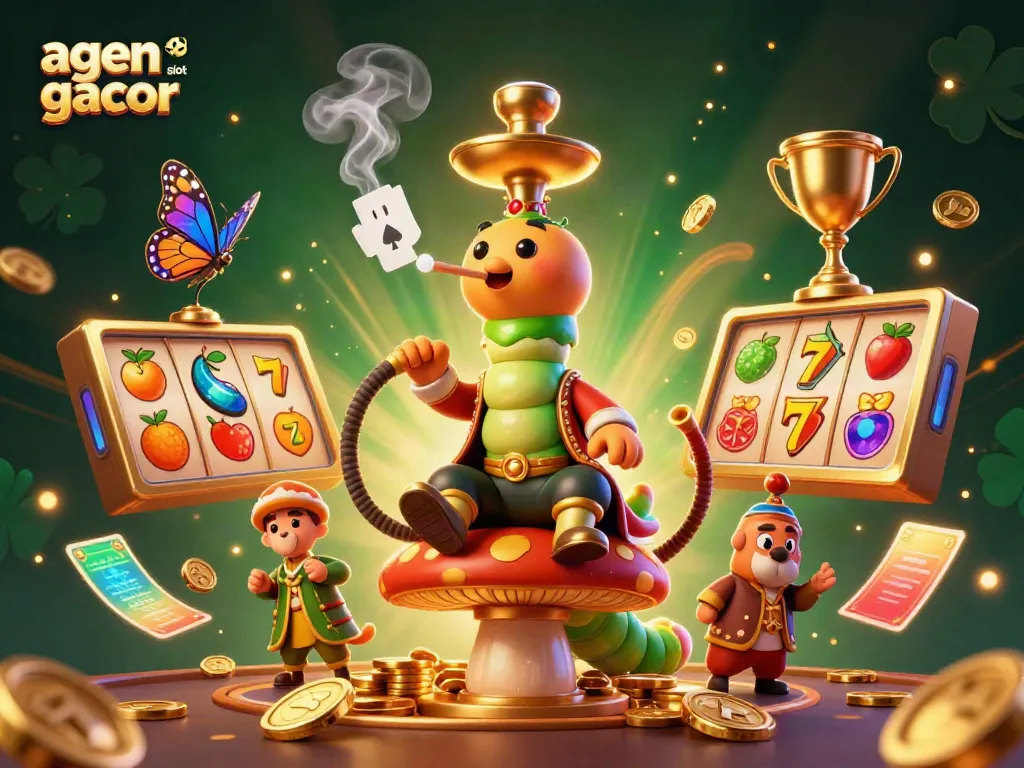 Win big with agen slot gacor as vibrant slot reels and a captivating caterpillar master create a magical casino scene.