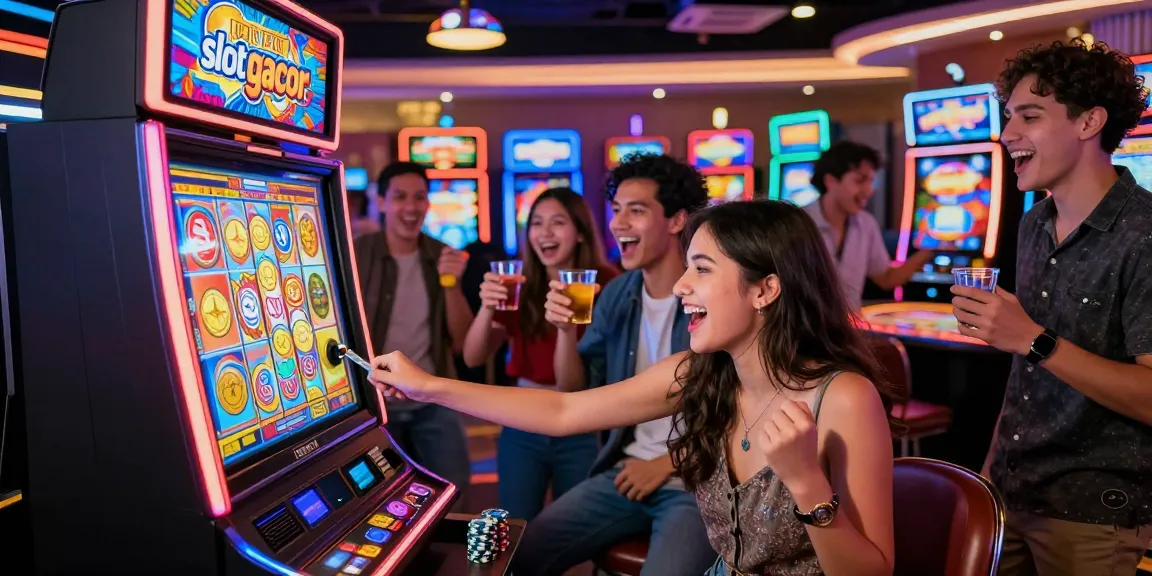 Exciting casino scene with players enjoying 'slot gacor' machines, joyful atmosphere with vibrant lights and cheers.