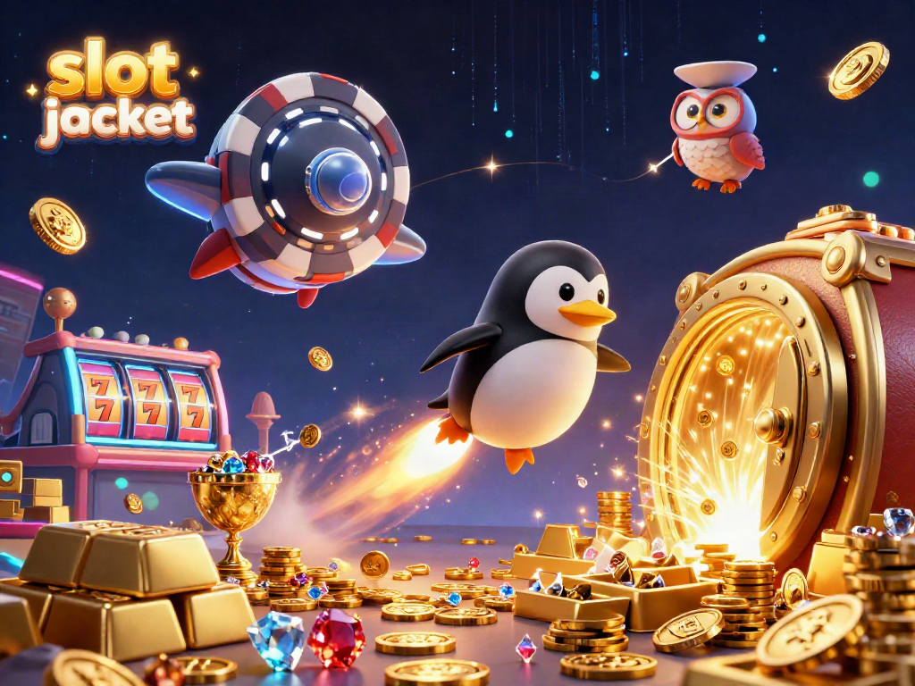Experience thrilling wins with the slot jackpot featuring golden penguins and glowing treasures.