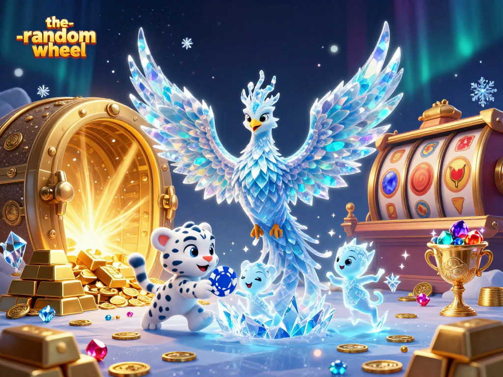 Engage in the-random-wheel with vivid gaming scenery featuring an ice phoenix, slot reels, and dazzling treasures.