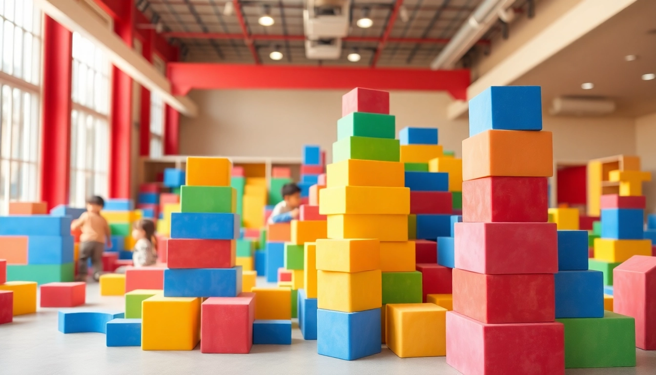 Children playing with colorful giant foam building blocks; get the details about exciting play ideas.