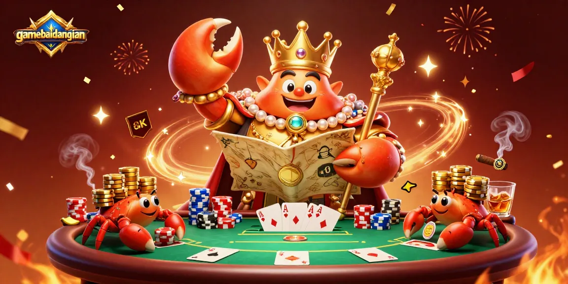 Experience gaming excitement with the gamebaidangian 3D illustration of a golden crab emperor amidst rich casino elements.