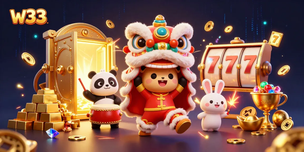 Experience w33 slot excitement with a lion dance, jewels, and festive casino energy.