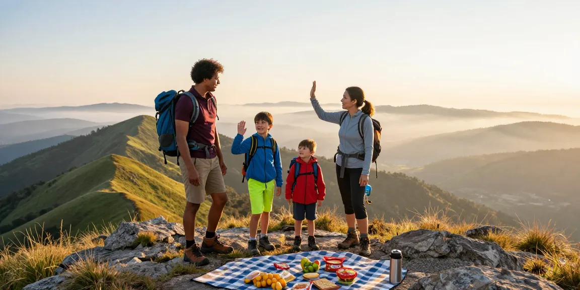Family adventure at sunrise on a mountain summit celebrating mantra88 community spirit.