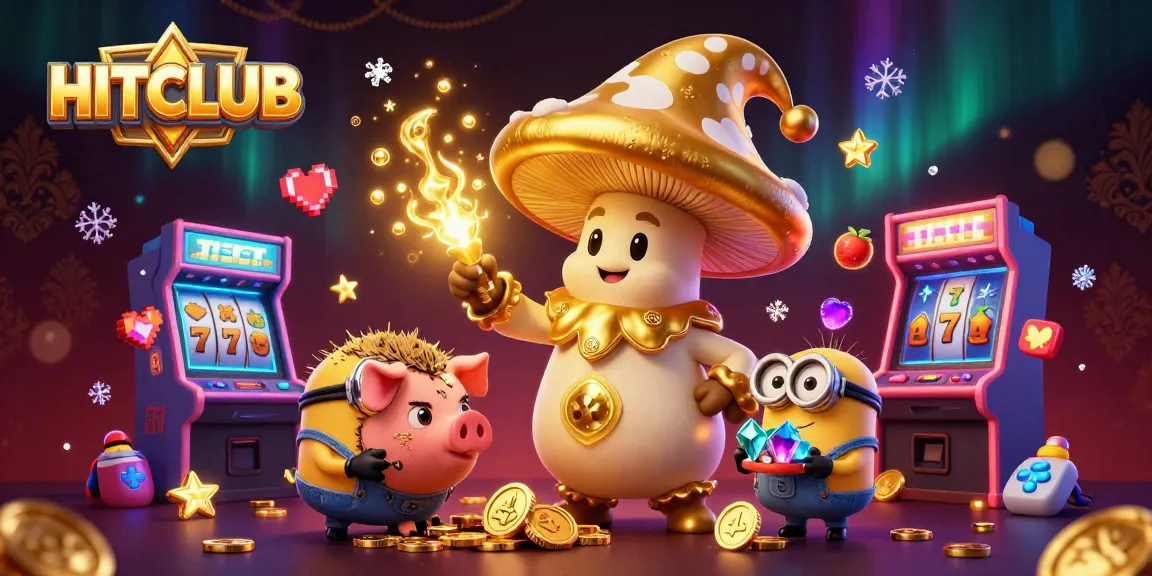 Experience the magic of HITCLUB: a wizard channels golden riches amidst vibrant casino arcade elements.