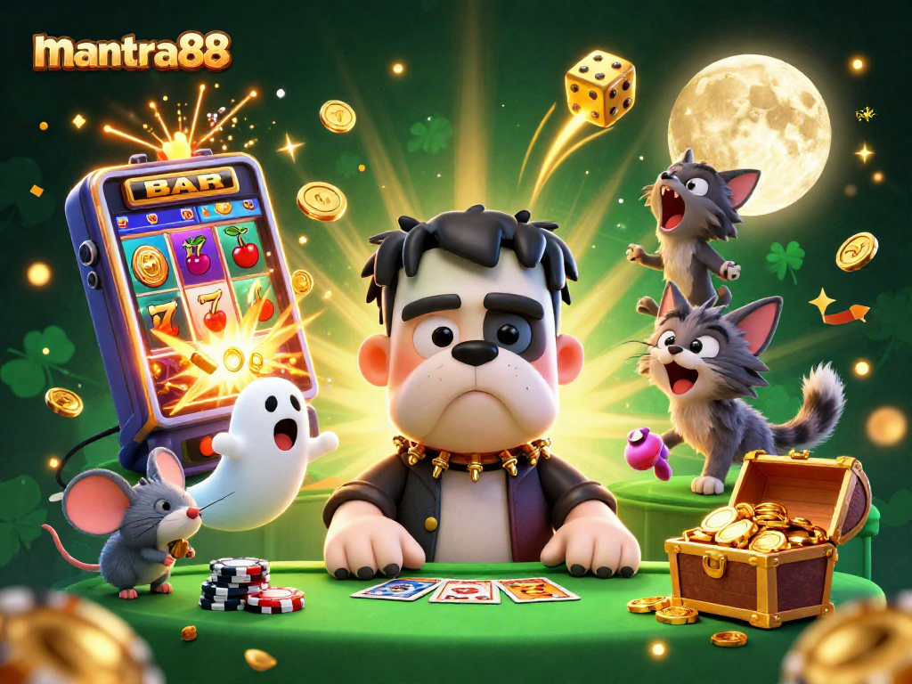 Engage with exhilarating games at mantra88, featuring a vibrant casino scene with characters and jackpot symbols.