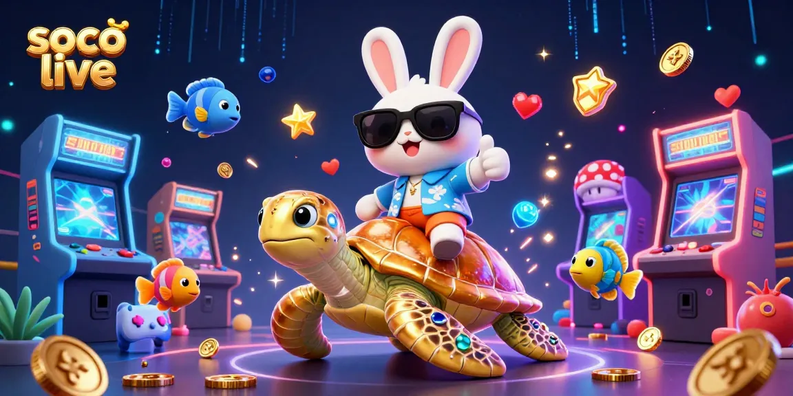 Experience soco live action with vibrant visuals of a lucky rabbit and sea turtle in a colorful gaming scene.