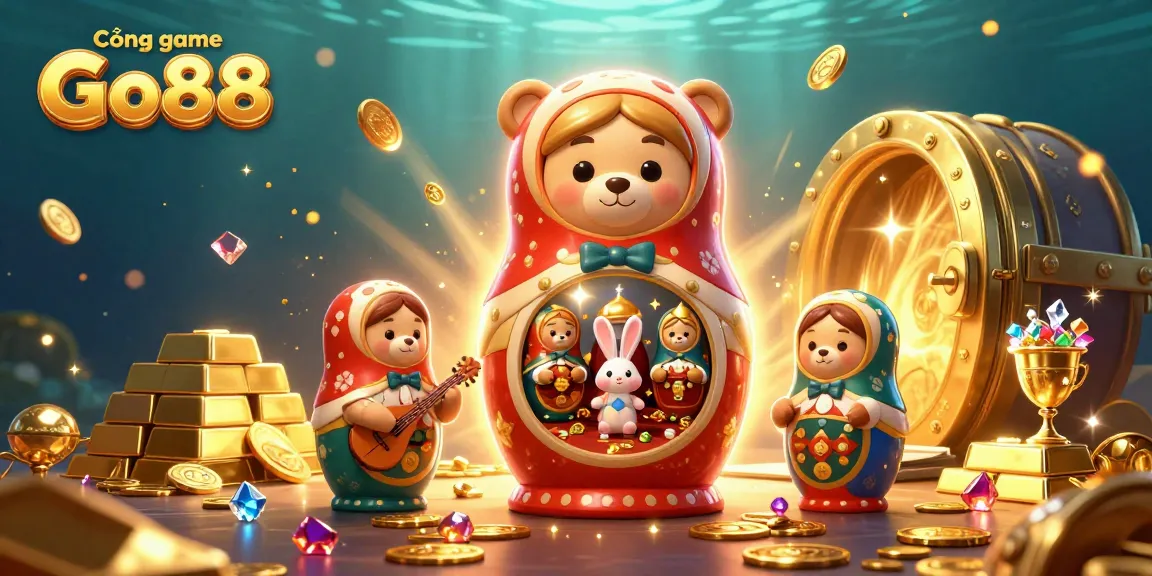 Cổng game Go88 features vibrant characters in a detailed casino scene filled with treasures and vivid colors.