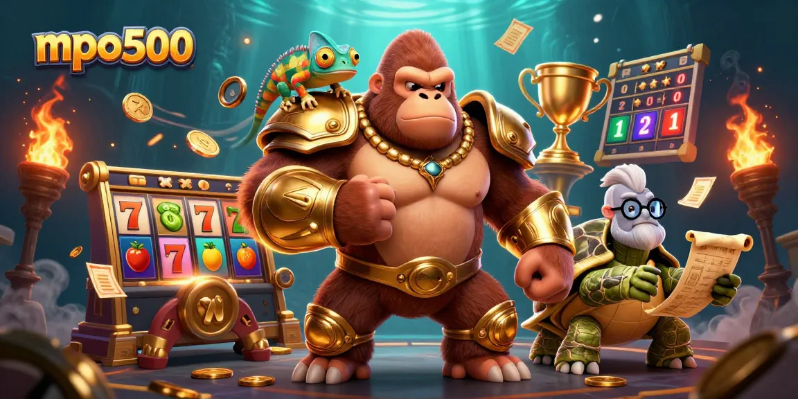 Experience winning with mpo500 in this vibrant casino-themed illustration filled with slot reels and trophies.