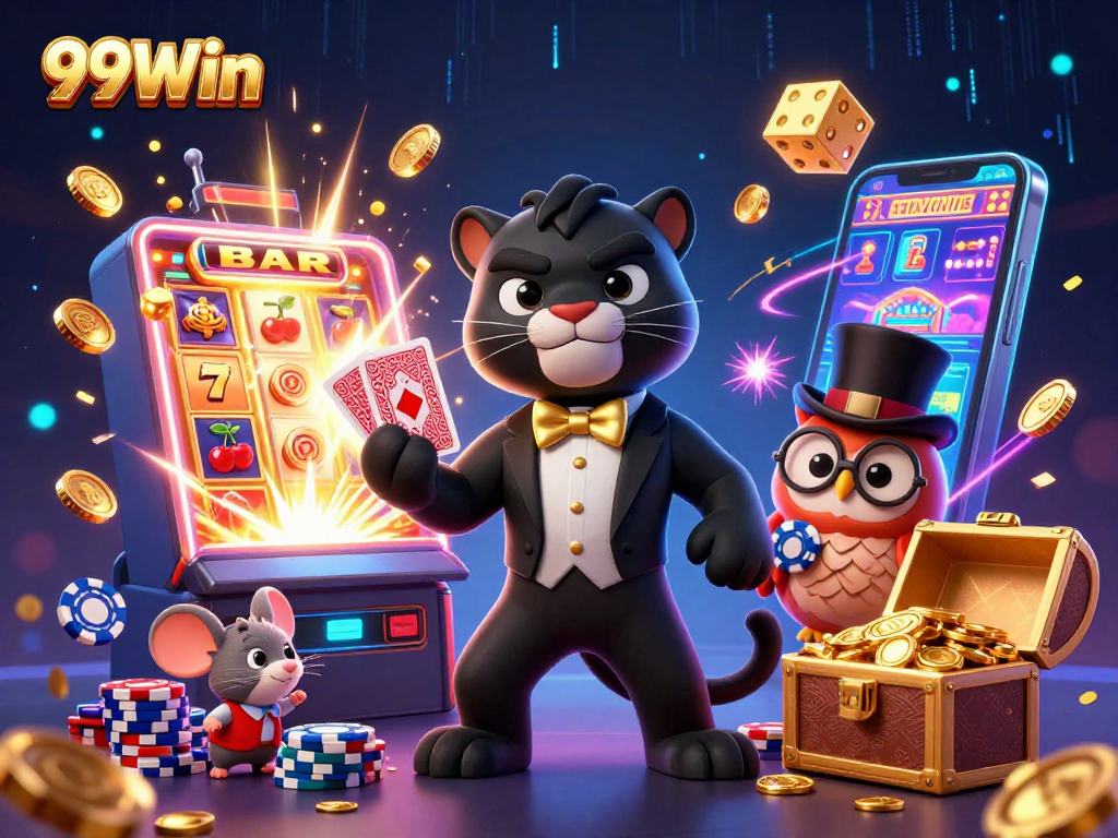 Engage with 99Win as the stylish black panther deals cards at this vibrant casino scene.